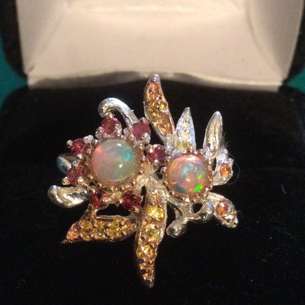 Elegant Genuine Natural Fire Opals, Garnets & Citrines Ring